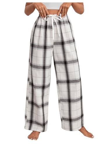 SOLY HUX Schlafhose Damen Pyjamahose Lang Karierte Schlafanzughose Freizeithose Haushose Lounge Unterteil mit Knoten Weiß M von SOLY HUX