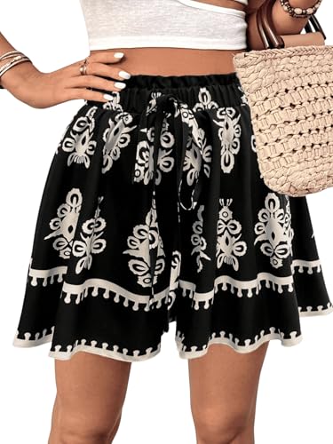 SOLY HUX Sommer Short Damen Leicht Kurz Hose Geblümt Locker Shorts Böhmisch Casualshort Sommershort Freizeitshort Strandshort Schwarz S von SOLY HUX