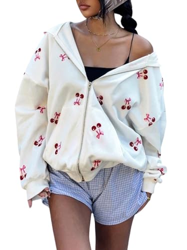 SOLY HUX Sweatjacke Damen Elegant Kapuzenpullover mit Kirschmuster Sweatshirt mit Reißverschluss Pullover mit Taschen Herbst Winter Outfit Weiß L von SOLY HUX