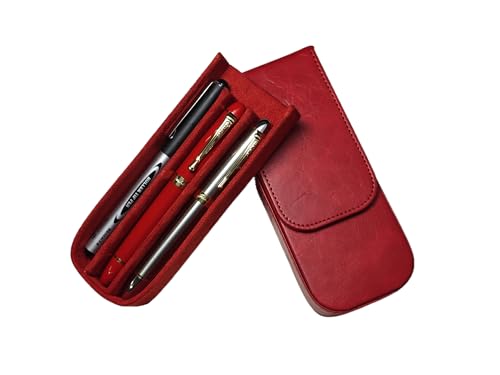 SOLYUJ 3 Slots Leder Füllfederhalter Fall Sammler Organizer Handgemachtes Stifteetui Vintage Crazy Horse Print Leder Stift Schutzhülle Abdeckung Stift Aufbewahrung Geschenkbox (Rot) von SOLYUJ