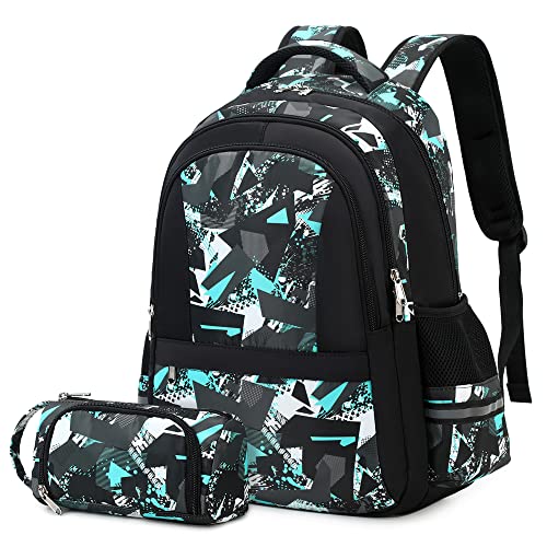 Jungen Schultasche Teenager Schulrucksack Jugendliche Rucksack Schule Daypacks Kinder Groß Schulranzen Wasserdicht (Blau 2PCS) von SOMBLG