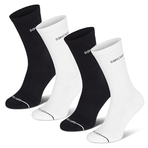 SOMEYOU Performance Sportsocken | Bio-Baumwolle | 4 Paar | Schwarz/Weiß | Retro | Crew | Tennissocken | Damen & Herren | Fitness | Anti Schweiß | Größe 43-47 von SOMEYOU