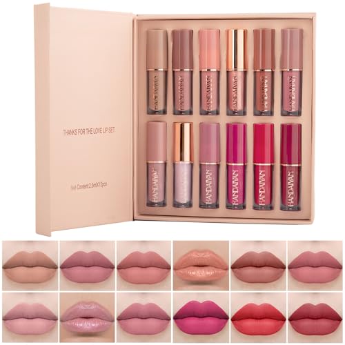 Lipgloss Set, Lippenstift Set, 12 Farben Nude Matte Lippenstifte, Antihaft-Tasse Lipgloss Flüssiger Lippenstift Set,Wasserdichte Langlebige Flüssigkeit, Frauen Geschenk von SOMGKIN