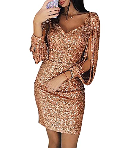 SOMTHRON Abendkleid Damen Glitzer Partykleid mit Quaste V-Ausschnitt Slim Sexy VintageElegante Cocktailkleider Pailletten Minikleider Club Sommer,xs-4xl von SOMTHRON