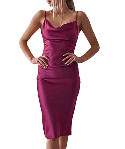 SOMTHRON Abendkleid Damen ärmellose Partykleid Rückenfrei Spaghettiträger Satin Kleider Figurbetontes Wickelkleid Cocktailkleid Leopard Wellenpunkt Sommer Swing Strandkleid(BU,M) von SOMTHRON