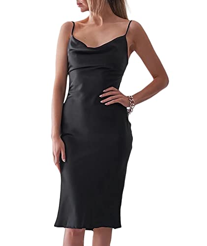 SOMTHRON Abendkleid Damen ärmellose Partykleid Rückenfrei Spaghettiträger Satin Kleider Figurbetontes Wickelkleid Cocktailkleid Leopard Wellenpunkt Sommer Swing Strandkleid(BL,S) von SOMTHRON