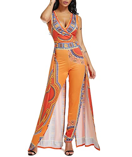 SOMTHRON Afrikanisches Jumpsuit Damen Blumen Ärmellos Playsuit mit V Kragen Split Hosenanzug Romper Sommer Ethnischer Stil Multi-tragen Bodycon Overall von SOMTHRON