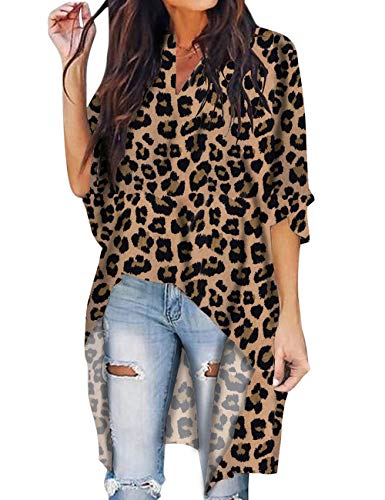 SOMTHRON Damen 1/2 Arm Loose Fit Blusen V-Ausschnitt Hinten Länger T-Shirt mit Leopardmuster(TA,M) von SOMTHRON