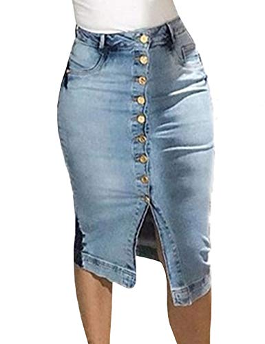 SOMTHRON Damen Asymmetrische Bleistiftrock Hohe Taille Knielang Jeansrock Figurbetont Rock mit Knopfleiste(LB,2XL) von SOMTHRON