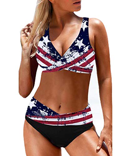 SOMTHRON Damen Bikini Set, Zweiteiliger Bikini für Damen, Damen-Bikini, USA-Flagge, amerikanische Flagge Bikini，Streifen US Amerikanische Flagge, Vorne Gebunden(OR,2XL) von SOMTHRON