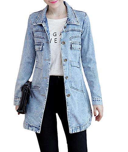 SOMTHRON Damen Distressed Denim Jeans Outfits Mantel Frühling Herbst Retro Jeans Lange Oberbekleidung Jeansjacke, Hell, blau, L von SOMTHRON