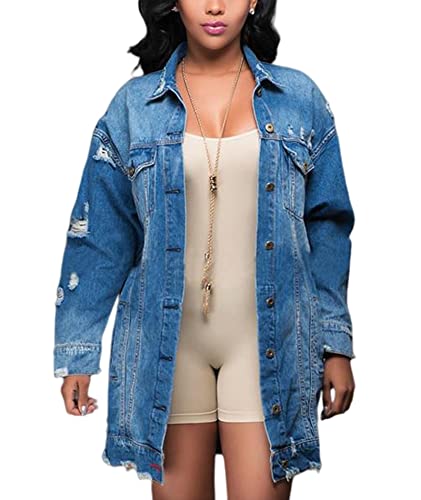 SOMTHRON Damen Distressed Denim Jeans Outfits Mantel Frühling Herbst Ripped Jeans Oberbekleidung Denim Jacke, A-blau, L von SOMTHRON
