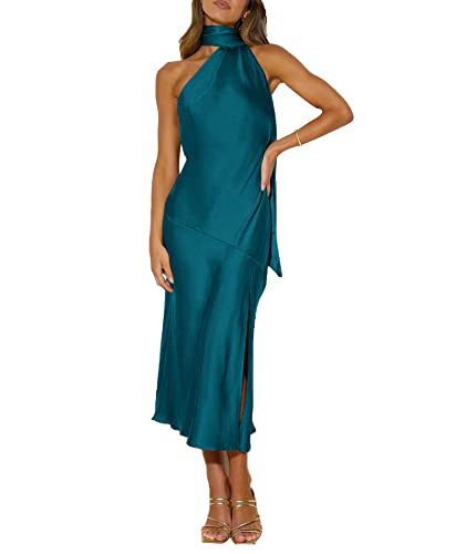 SOMTHRON Damen Elegant Halter Krawatte Hals Satin Kleid Ärmellos Offener Rücken Split Langes Kleid Solide Farbe Hochzeit Party Maxi Kleid(AB,S) von SOMTHRON