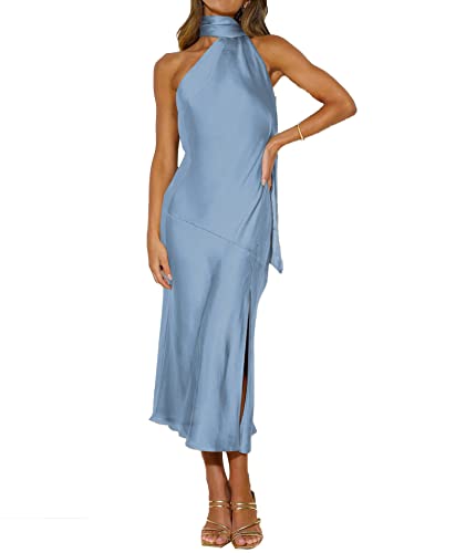 SOMTHRON Damen Elegant Halter Krawatte Hals Satin Kleid Ärmellos Offener Rücken Split Langes Kleid Solide Farbe Hochzeit Party Maxi Kleid(BE,S) von SOMTHRON