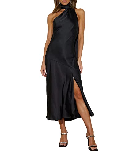 SOMTHRON Damen Elegant Halter Krawatte Hals Satin Kleid Ärmellos Offener Rücken Split Langes Kleid Solide Farbe Hochzeit Party Maxi Kleid(BL,S) von SOMTHRON