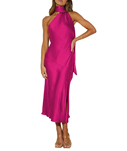 SOMTHRON Damen Elegant Halter Krawatte Hals Satin Kleid Ärmellos Offener Rücken Split Langes Kleid Solide Farbe Hochzeit Party Maxi Kleid(RO,S) von SOMTHRON