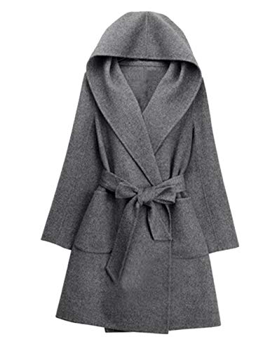 SOMTHRON Damen Elegant Offene Lose Kapuzen Wollmantel mit Gürtel Herbst Winter(GY,S) von SOMTHRON