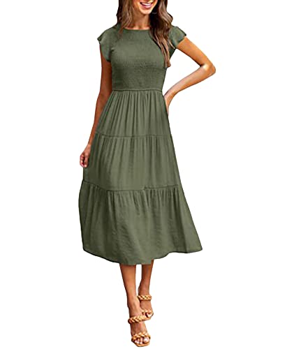 SOMTHRON Damen Flutter Kurzarm Midikleid Sommer Lässig Smocked Tiered A Line Kleider Fließendes Plisseekleid(AG3,L) von SOMTHRON