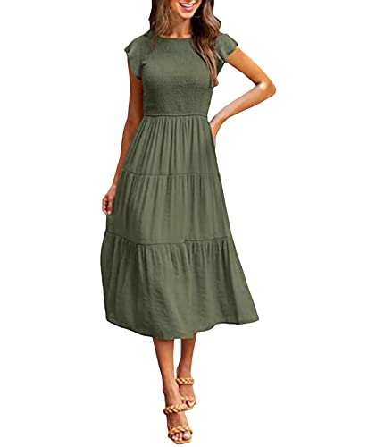 SOMTHRON Damen Flutter Kurzarm Midikleid Sommer Lässig Smocked Tiered A Line Kleider Fließendes Plisseekleid(AG3,M) von SOMTHRON