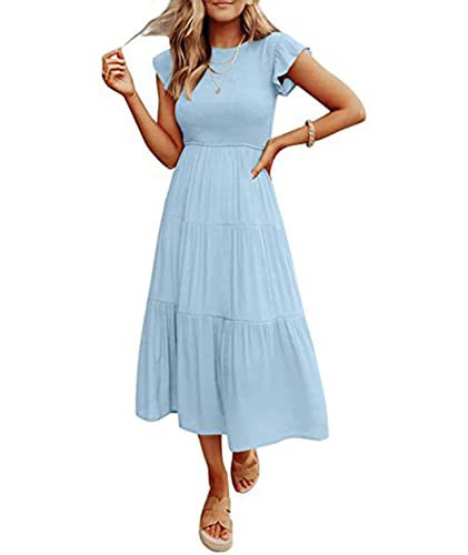 SOMTHRON Damen Flutter Kurzarm Midikleid Sommer Lässig Smocked Tiered A Line Kleider Fließendes Plisseekleid(LB3,M) von SOMTHRON