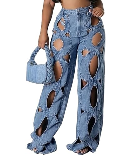 SOMTHRON Damen Jeans Y2K Criss Cross Baggy Jeans Trendy Hollow Out High Waist Straight Wide Leg Denim Pants, Blau, Groß von SOMTHRON
