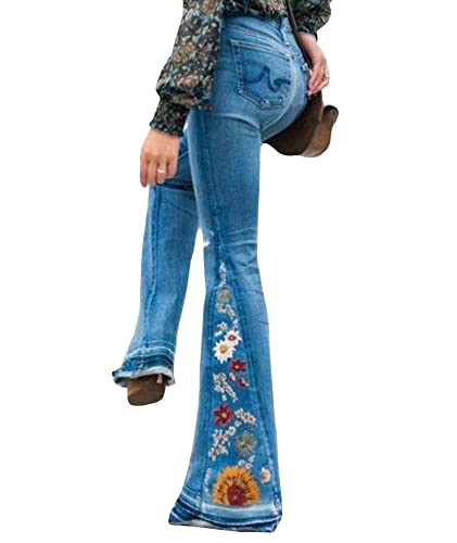 SOMTHRON Damen-Jeans mit Blumenstickerei Bell-Bottom Stretch hohe Taille ausgestellte Passform weites Bein Jeanshose Streetwear Retro(LB,L) von SOMTHRON