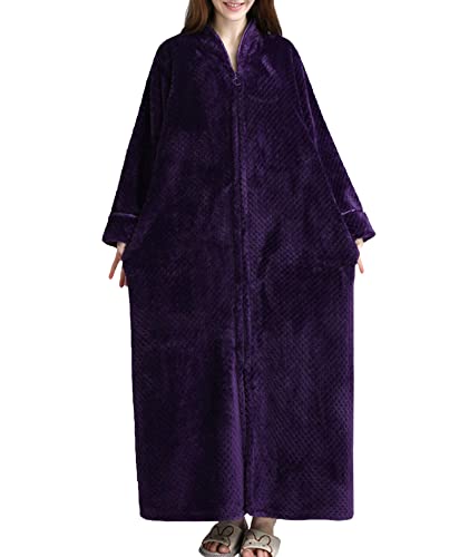 SOMTHRON Damen Langer Reißverschluss Bademantel Flanell Fleece Roben Winter Warmer Hausmantel Nachthemd Nachtwäsche Pyjamas(PE,M) von SOMTHRON