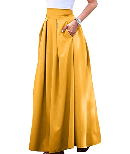 SOMTHRON Damen Maxirock Hohe Taille Einfarbig Faltenrock Mode Sommerröcke Rüschen Schnürsenkel Strandrock mit Bow(YE,2XL) von SOMTHRON