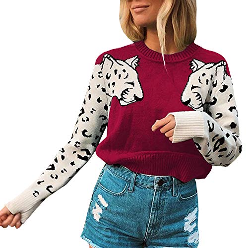 SOMTHRON Damen Mode Kurz Patchwork Strickpullover Rundhals Tier Muster Sweater(WR,S) von SOMTHRON