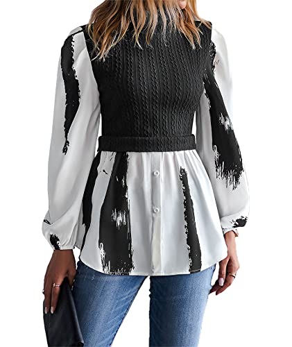 SOMTHRON Damen Patchwork Rüschensaum Rippenstrick Shirt Casual Mock Neck Langarm Farbe Block Bluse Tops(BL,S) von SOMTHRON