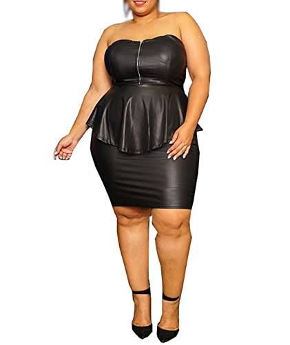SOMTHRON Damen Plus Größe 2 Stück Outfits PU Leder aus Schulter Reißverschluss hoch niedrig Tube Tops Bodycon Kleid Sets BL-5XL von SOMTHRON