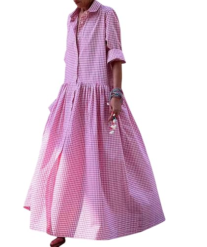 SOMTHRON Damen Retro Plaid Button Down Maxi Hemdkleid Roll Up Langarm Gingham Plissee Swing Langes Kleid, Pink, Klein von SOMTHRON