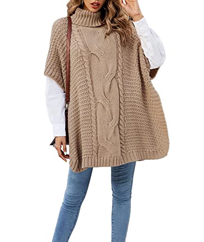 SOMTHRON Damen Rollkragenpullover übergroßer Strickpullover Kurzer Batwing Ärmel Geteilter Saum Verdrehter Kabelstrickpullover(KH,XL) von SOMTHRON