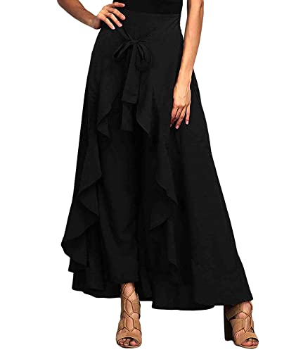 SOMTHRON Damen-Rüschenhose mit hoher Taille lässig einfarbig mit hohem Schlitz Maxi Lange Palazzo-Overlay-Hose Röcke(BL,L) von SOMTHRON