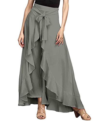 SOMTHRON Damen-Rüschenhose mit hoher Taille lässig einfarbig mit hohem Schlitz Maxi Lange Palazzo-Overlay-Hose Röcke(GY,2XL) von SOMTHRON