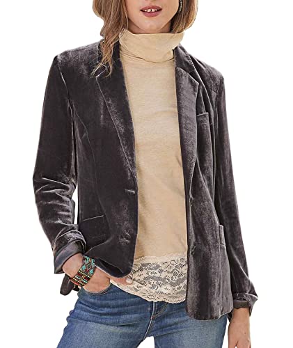 SOMTHRON Damen Samt Blazer Jacke gekerbt Revers Vintage Büro Knopfleiste vorne offen Cadigan Outwear mit Taschen(KH,L) von SOMTHRON
