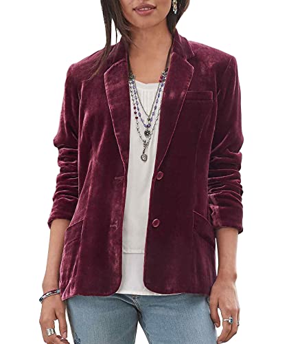 SOMTHRON Damen Samt Blazer Jacke gekerbt Revers Vintage Büro Knopfleiste vorne offen Cadigan Outwear mit Taschen(WR,L) von SOMTHRON