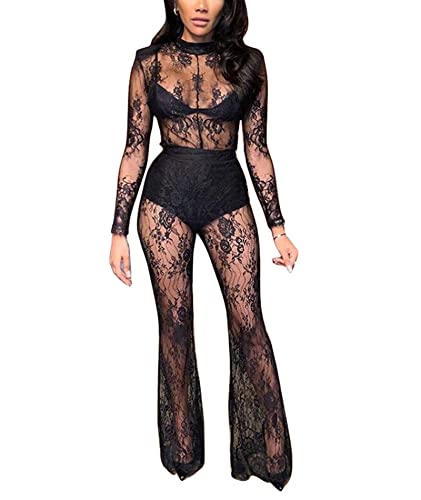 SOMTHRON Damen Sexy Mesh Sheer See Through Jumpsuit Langarm Mock Neck Floral Spitze Bodycon EIN Stück Overalls(BL,2XL) von SOMTHRON