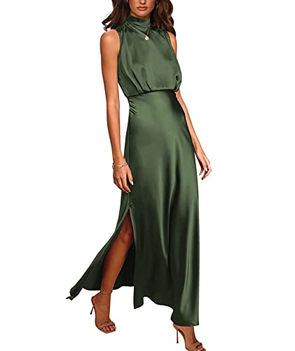 SOMTHRON Damen Sommer Ärmelloses Satin Kleid Mock Neck Seitenschlitz Fließend Lange Kleider Solide Farbe Hohe Taille Formales Maxikleid DN-XL von SOMTHRON