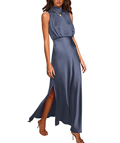 SOMTHRON Damen Sommer Ärmelloses Satin Kleid Mock Neck Seitenschlitz Fließend Lange Kleider Solide Farbe Hohe Taille Formales Maxikleid ZQ-L von SOMTHRON