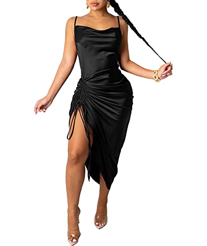 SOMTHRON Damen-Spaghetti-Träger-Satin-Midikleid Sexy Wasserfallausschnitt rückenfreier Kordelzug gerüscht seitlich geteiltes Club-Partykleid(BL,M) von SOMTHRON