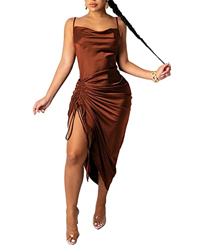 SOMTHRON Damen-Spaghetti-Träger-Satin-Midikleid Sexy Wasserfallausschnitt rückenfreier Kordelzug gerüscht seitlich geteiltes Club-Partykleid(BR,XS) von SOMTHRON