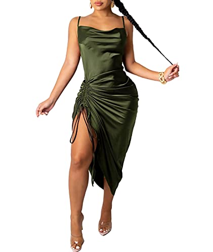 SOMTHRON Damen-Spaghetti-Träger-Satin-Midikleid Sexy Wasserfallausschnitt rückenfreier Kordelzug gerüscht seitlich geteiltes Club-Partykleid(GR,XS) von SOMTHRON