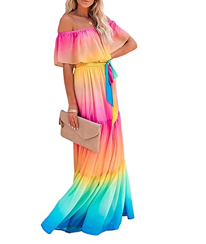 SOMTHRON Damen Strandkleid mit Gürtel Elegant Chiffon Rückenfrei Off Shoulder Minikleid Regenbogen Print A-Linie Classic Loose Casual Schulterfrei Chiffonkleid Sommerkleider von SOMTHRON