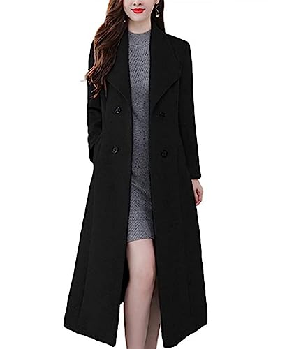 SOMTHRON Damen Trenchcoat Schalkragen Zweireihig Maxi Lang Erbsenmantel Winter Arbeitsjacke Wollmischung Overcoat, Schwarz, L von SOMTHRON