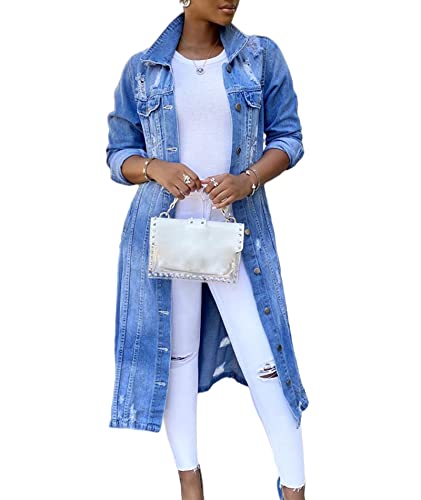 SOMTHRON Damen Vintage Oversized Jeansmantel Zerrissen Lange Jeansjacke mit Revers(BE4,M) von SOMTHRON