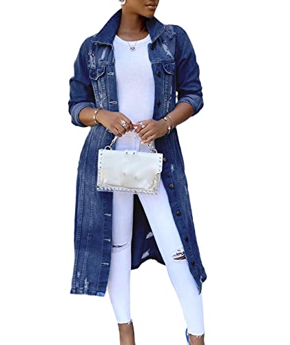 SOMTHRON Damen Vintage Oversized Jeansmantel Zerrissen Lange Jeansjacke mit Revers(ZQ4,L) von SOMTHRON