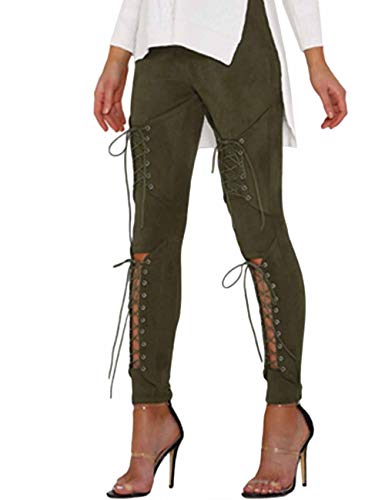 SOMTHRON Damen Zerrissen Stretch Wildleder Hose Hohe Taille Mit Schnürung(AG,L) von SOMTHRON