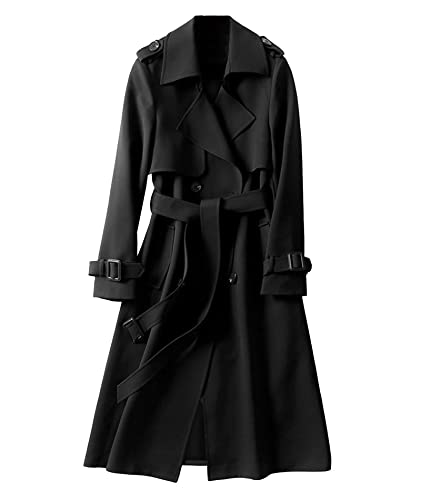 SOMTHRON Damen Zweireihiger langer Trenchcoat Gürtel Kerbe Revers Mantel Winddicht Klassische Oberbekleidung, Schwarz, XL von SOMTHRON