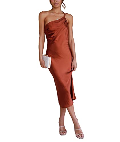 SOMTHRON Elegantes ärmelloses Satinkleid mit Einer Schulter für Damen Gerafftes rückenfreies einfarbiges Midikleid zum Binden BR-S von SOMTHRON